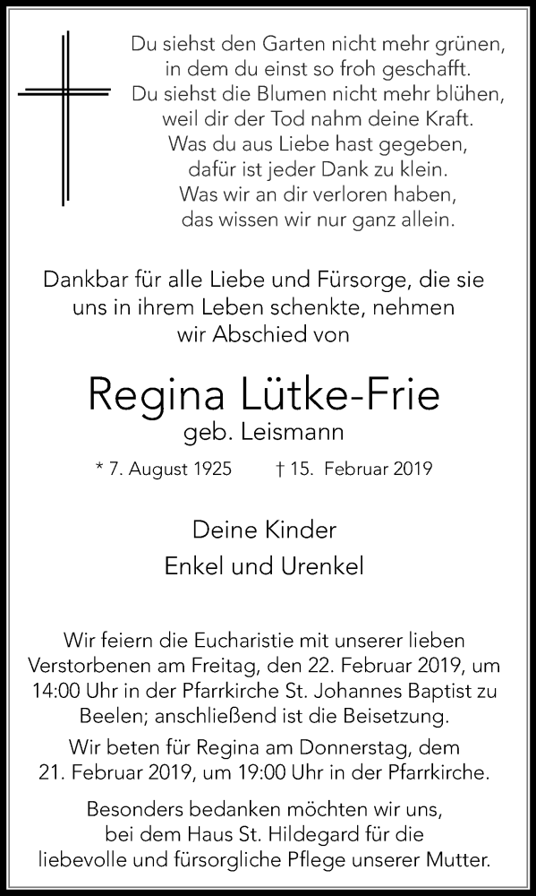 Traueranzeige für Regina Lütke-Frie vom 19.02.2019 aus Die Glocke