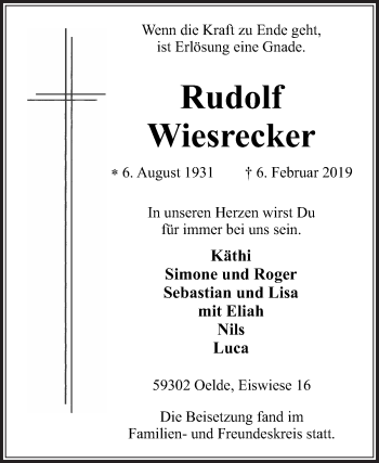 Traueranzeige von Rudolf Wiesrecker von Die Glocke