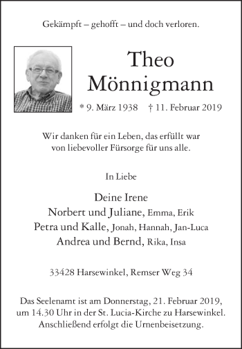 Traueranzeige von Theo Mönnigmann von Die Glocke