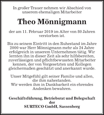 Traueranzeige von Theo Mönnigmann von Die Glocke