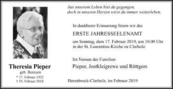 Traueranzeige von Theresia Pieper von Die Glocke