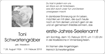 Traueranzeige von Toni Schwartengräber von Die Glocke