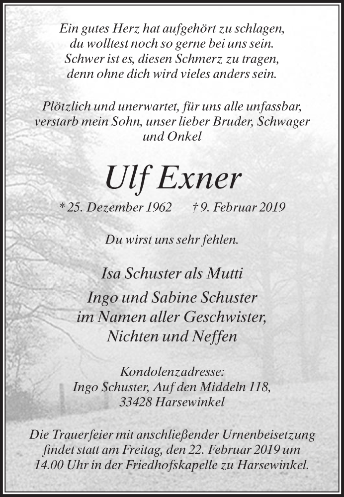  Traueranzeige für Ulf Exner vom 16.02.2019 aus Die Glocke
