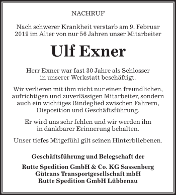 Traueranzeige von Ulf Exner von Die Glocke