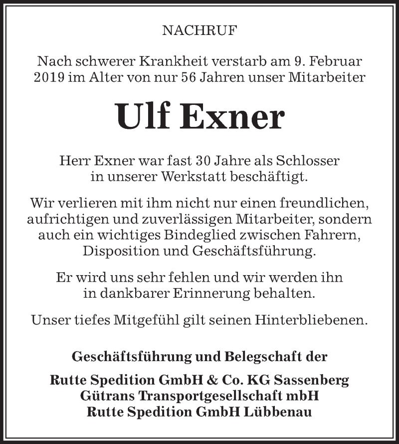  Traueranzeige für Ulf Exner vom 20.02.2019 aus Die Glocke