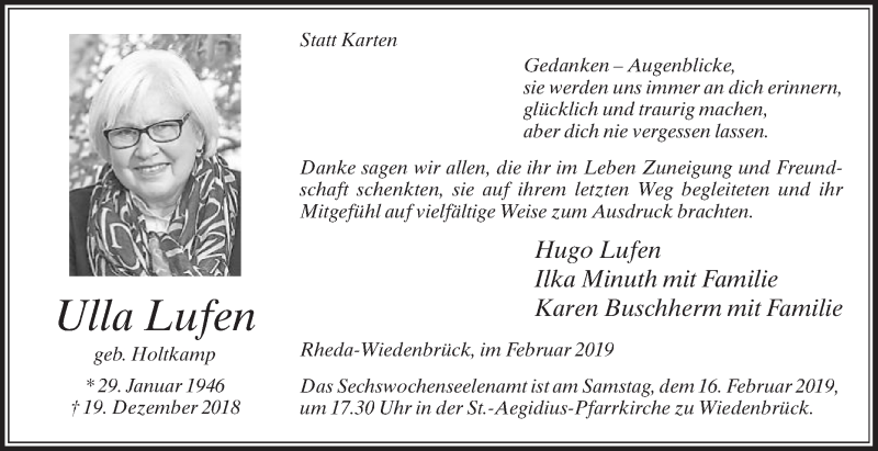  Traueranzeige für Ulla Lufen vom 13.02.2019 aus Die Glocke