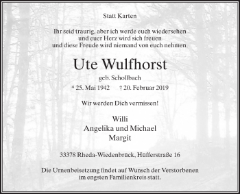 Traueranzeige von Ute Wulfhorst von Die Glocke