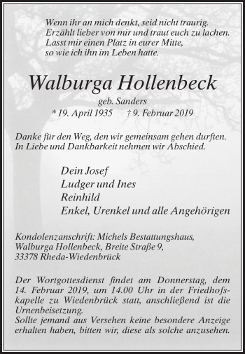 Traueranzeige von Walburga Hollenbeck von Die Glocke