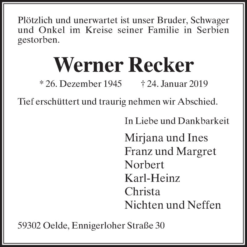  Traueranzeige für Werner Recker vom 09.02.2019 aus Die Glocke
