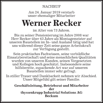 Traueranzeige von Werner Recker von Die Glocke