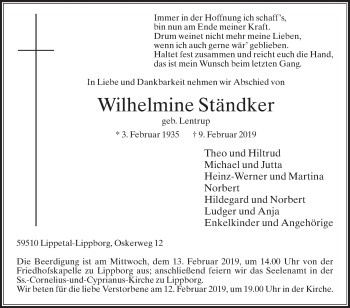 Traueranzeige von Wilhelmine Ständker von Die Glocke