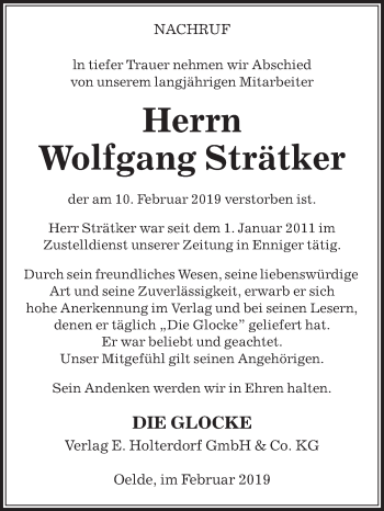 Traueranzeige von Wolfgang Strätker von Die Glocke