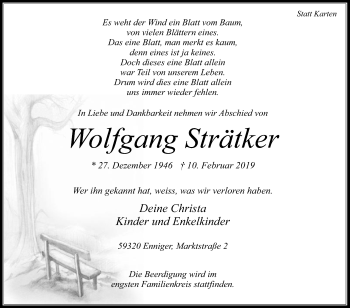 Traueranzeige von Wolfgang Strätker von Die Glocke