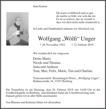 Traueranzeige von Wolfgang Unger von Die Glocke