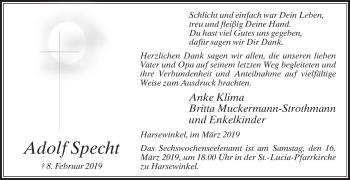 Traueranzeige von Adolf Specht von Die Glocke