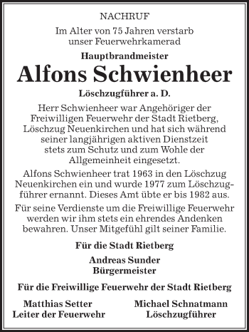 Traueranzeige von Alfons Schwienheer von Die Glocke