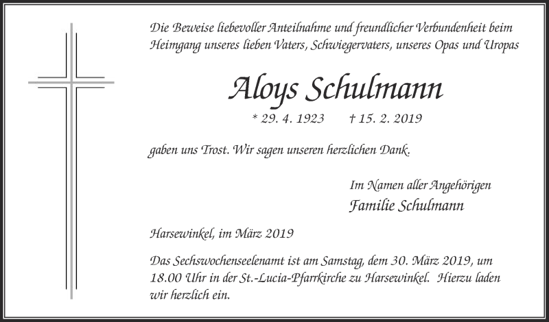  Traueranzeige für Aloys Schulmann vom 23.03.2019 aus Die Glocke