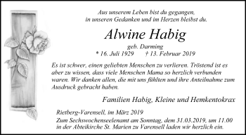 Traueranzeige von Alwine Habig von Die Glocke