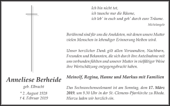 Traueranzeige von Anneliese Berheide von Die Glocke