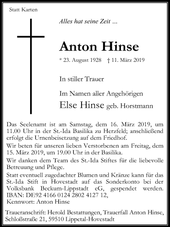 Traueranzeige von Anton Hinse von Die Glocke