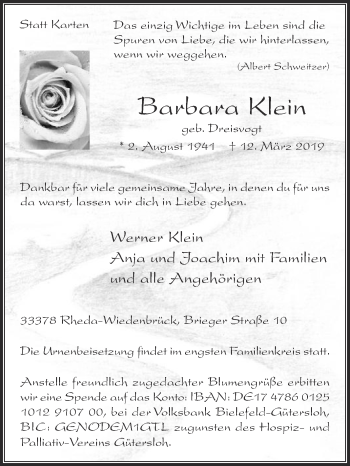 Traueranzeige von Barbara Klein von Die Glocke