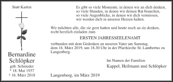 Traueranzeige von Bernardine Schlöpker von Die Glocke
