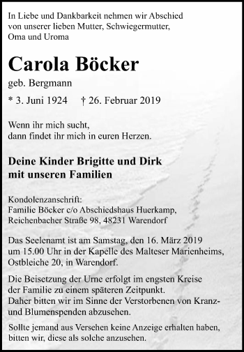 Traueranzeige von Carola Böcker von Die Glocke