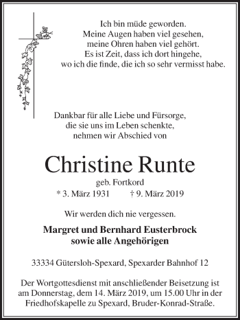 Traueranzeige von Christine Runte von Die Glocke