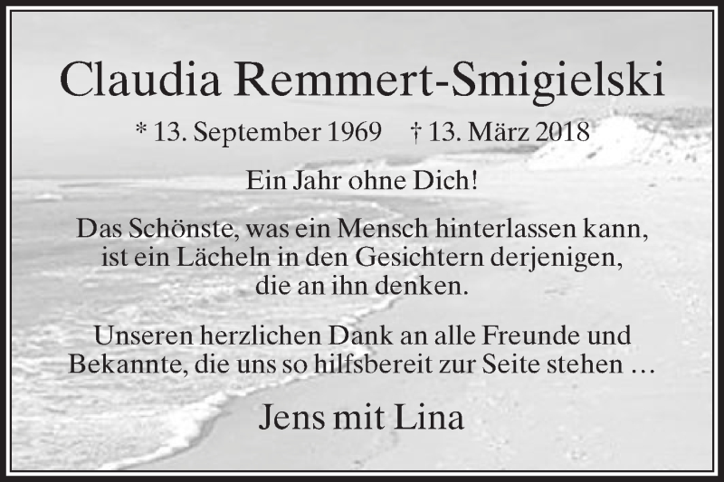 Traueranzeige für Claudia Remmert-Smigielski vom 13.03.2019 aus Die Glocke