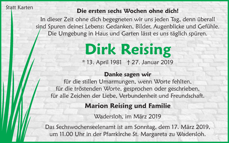  Traueranzeige für Dirk Reising vom 09.03.2019 aus Die Glocke