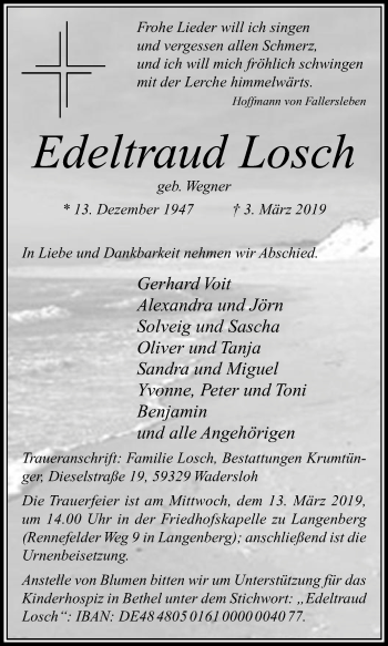 Traueranzeige von Edeltraud Losch von Die Glocke