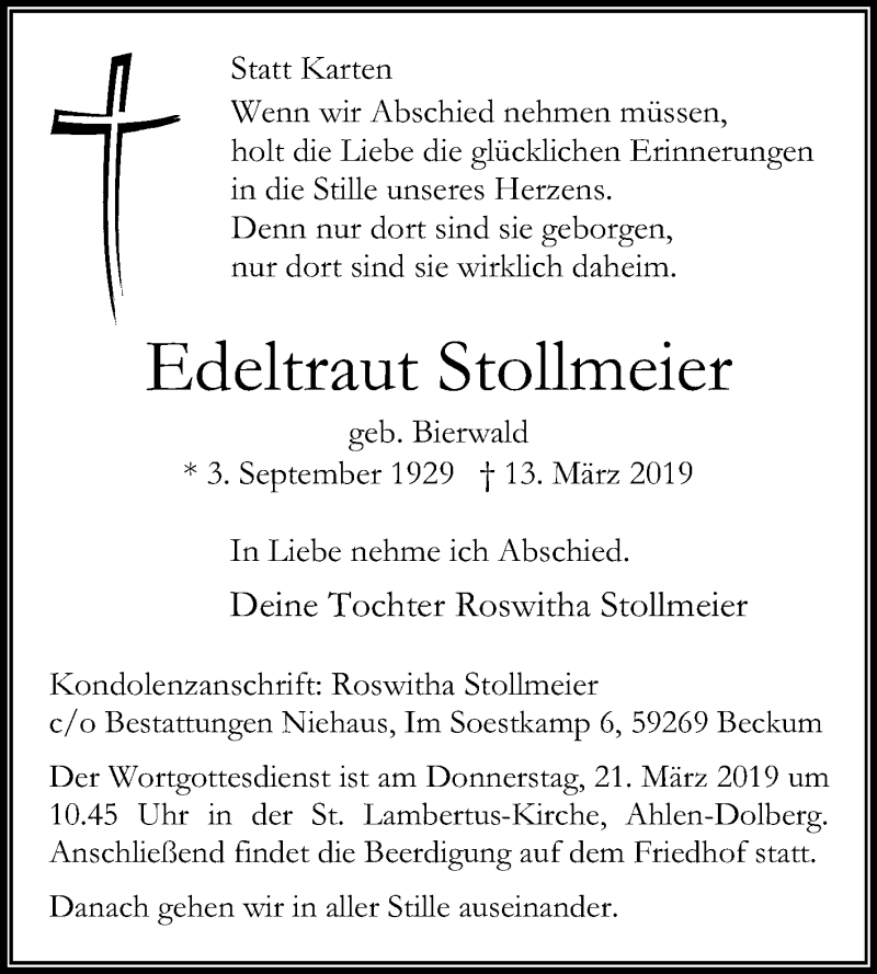  Traueranzeige für Edeltraut Stollmeier vom 16.03.2019 aus Die Glocke