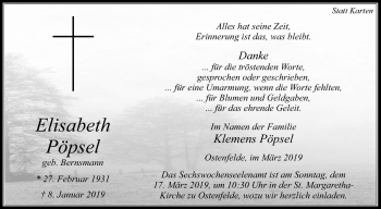 Traueranzeige von Elisabeth Pöpsel von Die Glocke