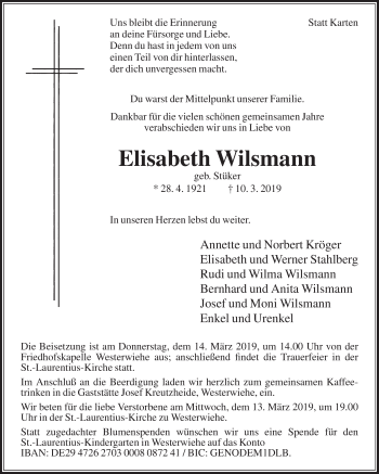 Traueranzeige von Elisabeth Wilsmann von Die Glocke