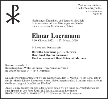 Traueranzeige von Elmar Loermann von Die Glocke