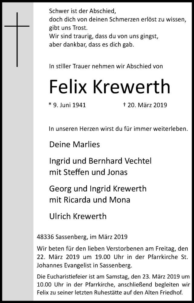  Traueranzeige für Felix Krewerth vom 21.03.2019 aus Die Glocke