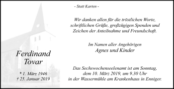 Traueranzeige von Ferdinand Tovar von Die Glocke