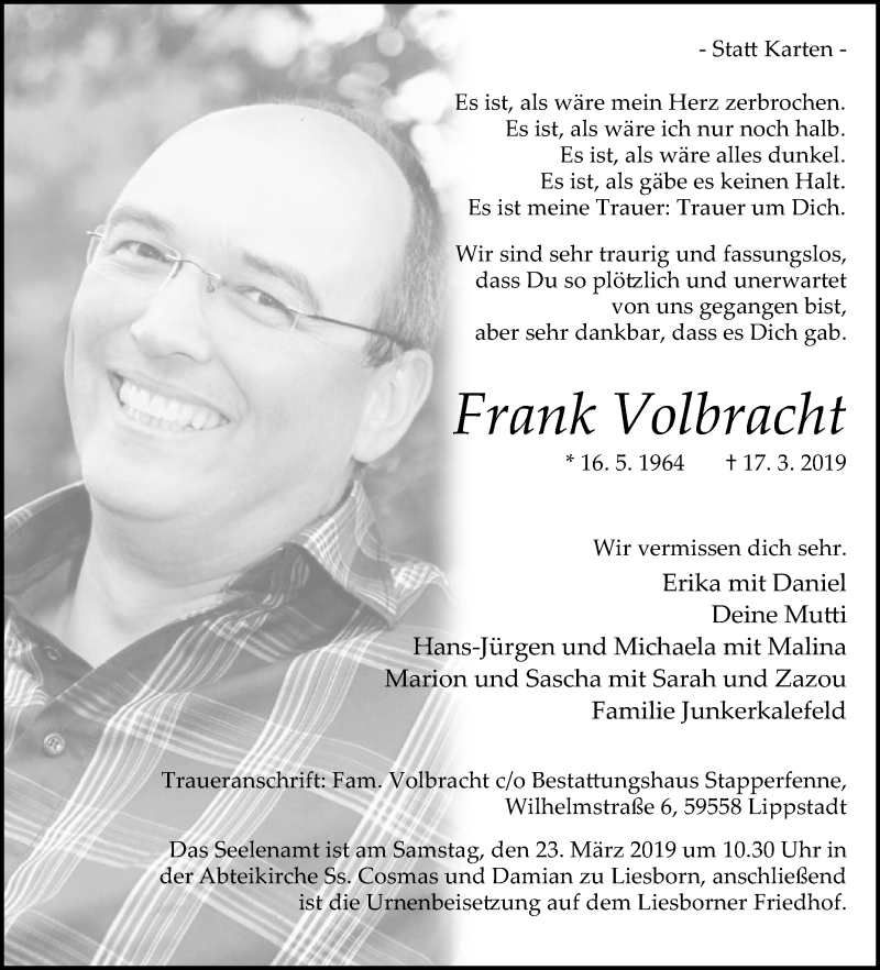  Traueranzeige für Frank Volbracht vom 20.03.2019 aus Die Glocke
