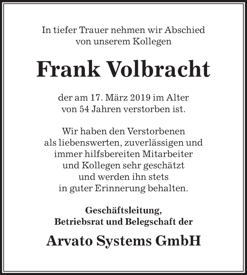  Traueranzeige für Frank Volbracht vom 23.03.2019 aus Die Glocke