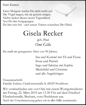 Traueranzeige von Gisela Recker von Die Glocke