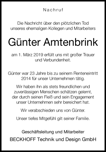 Traueranzeige von Günter Amtenbrink von Die Glocke