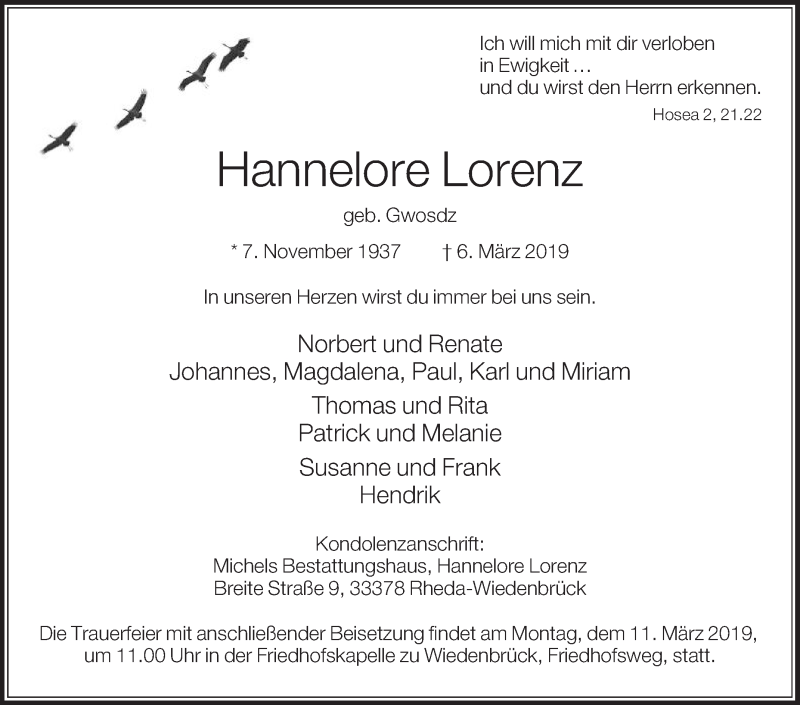  Traueranzeige für Hannelore Lorenz vom 09.03.2019 aus Die Glocke