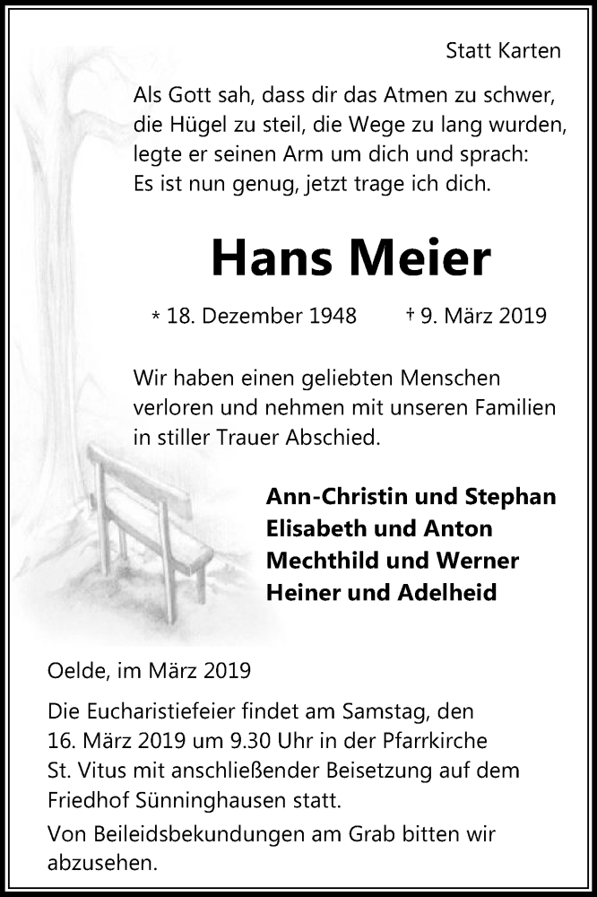  Traueranzeige für Hans Meier vom 13.03.2019 aus Die Glocke
