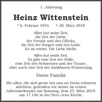 Traueranzeige von Heinz Wittenstein von Die Glocke