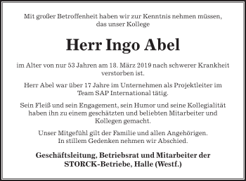 Traueranzeige von Ingo Abel von Die Glocke