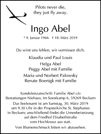 Traueranzeige von Ingo Abel von Die Glocke