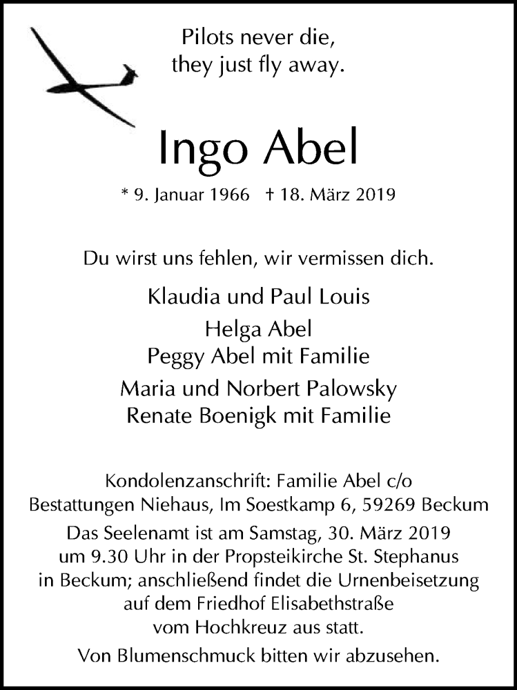  Traueranzeige für Ingo Abel vom 23.03.2019 aus Die Glocke
