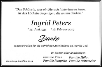 Traueranzeige von Ingrid Peters von Die Glocke