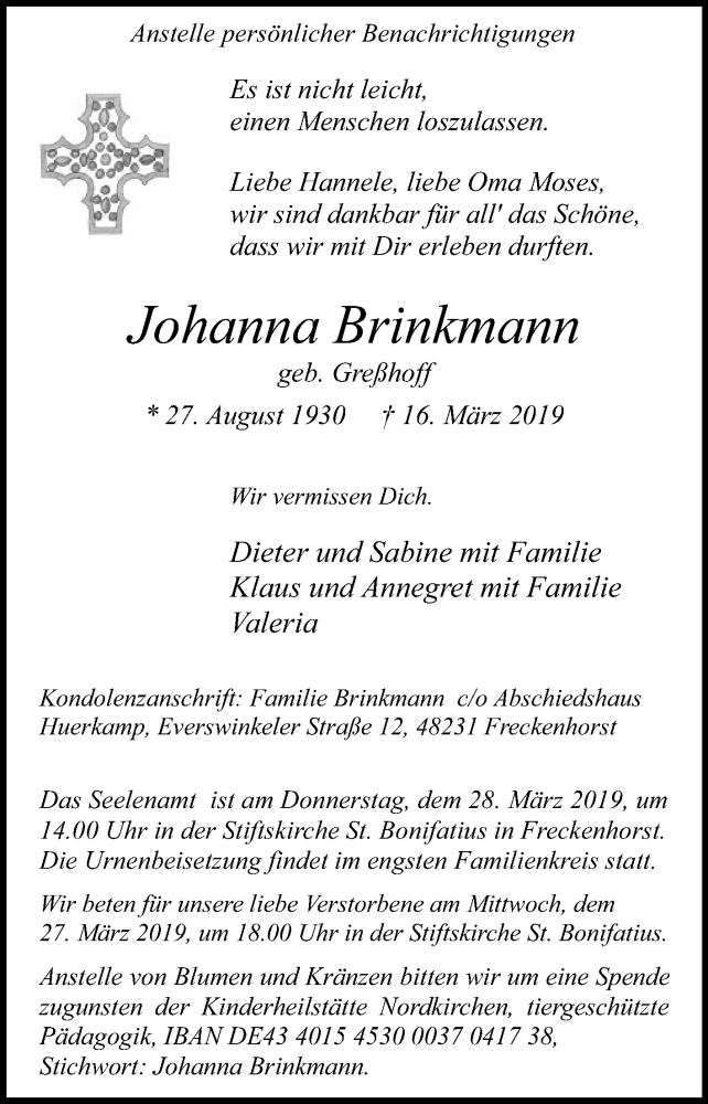  Traueranzeige für Johanna Brinkmann vom 23.03.2019 aus Die Glocke