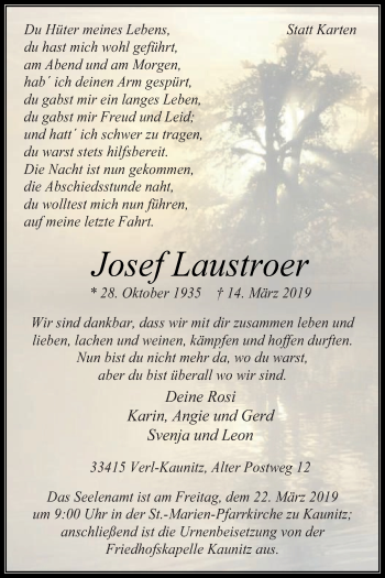 Traueranzeige von Josef Laustroer von Die Glocke